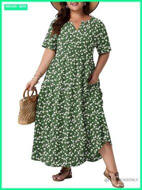 Plus Size Maxi Dress with Pockets, V-Neck Short Sleeve Flowy Boho Summer Dress